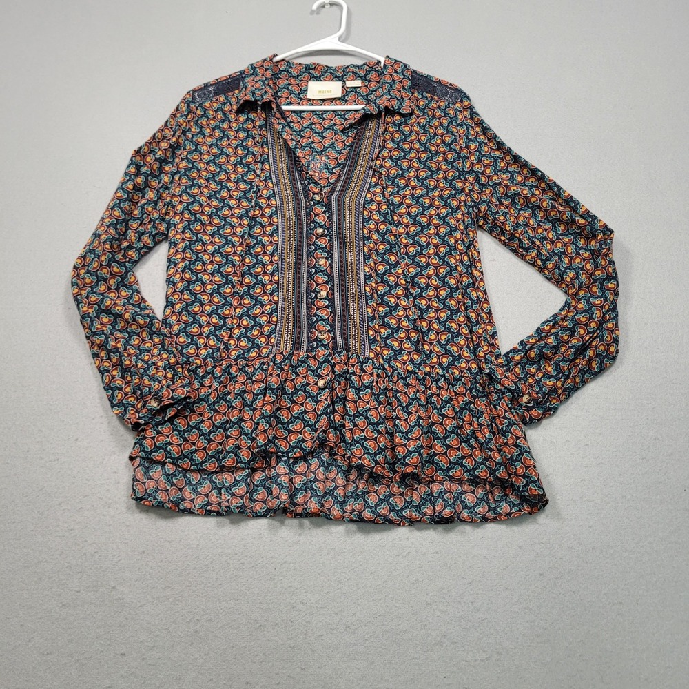 Maeve Anthropologie Floral Peplum Blouse‎ Long Sleeve Button Front Boho Navy 6
